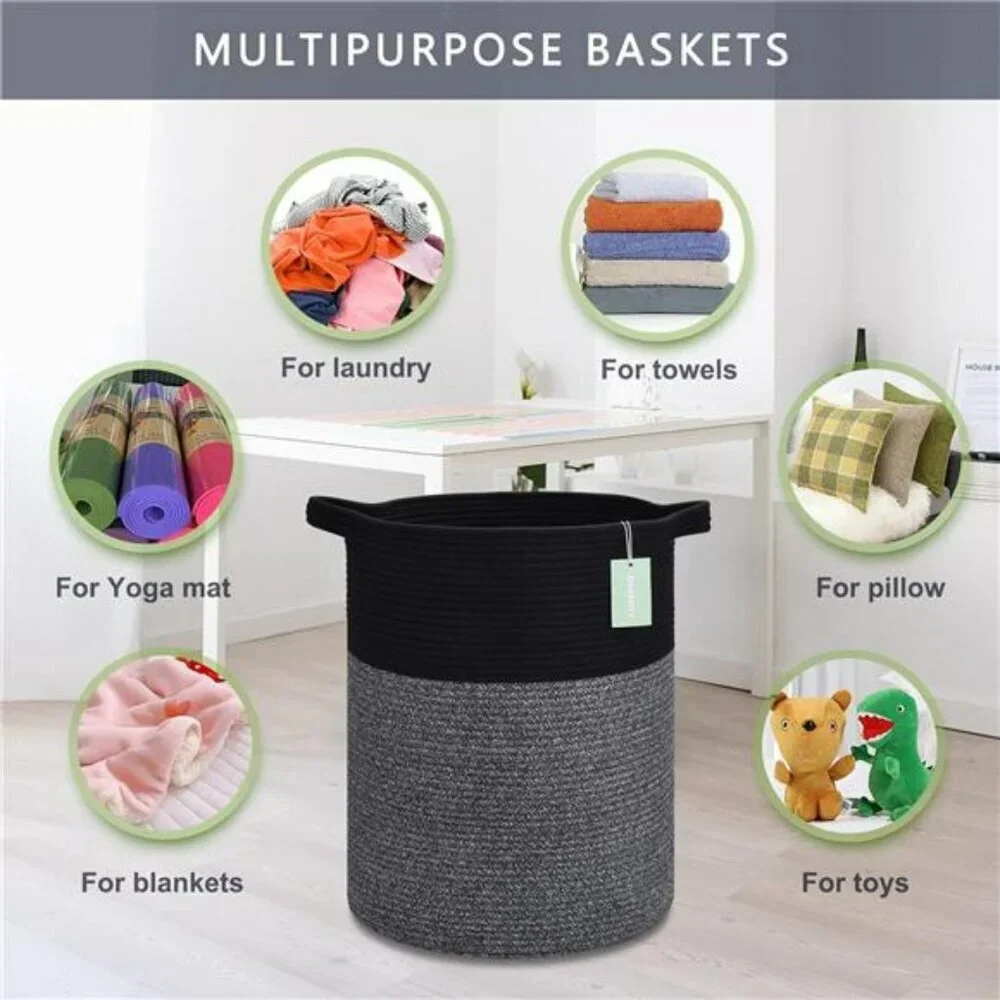 Large laundry hamper woven cotton rope basket 72L toy clothes blanket storage bi